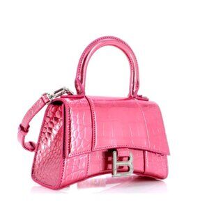 NWT Balenciaga Hourglass Hand Bag Shoulder Bag Pink Shiny Croc Embossed Calfskin